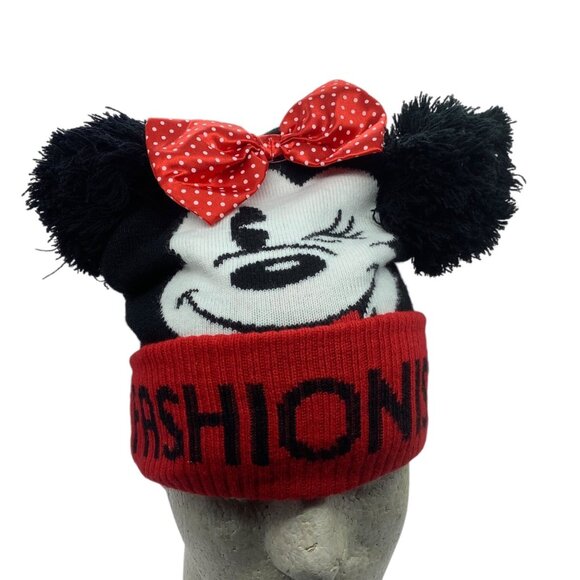 Disney Minnie Mouse Fashionista Knit Beanie Bow & Ears Adult One Size Black Red - Picture 1 of 6